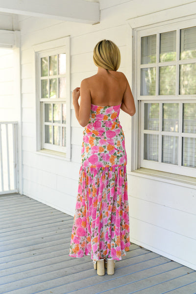 Hailey Strapless Asymmetric Floral Maxi Dress - Pink/Orange