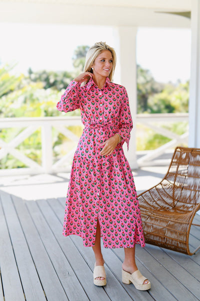 Ava Floral Print Button Down Dress - Pink