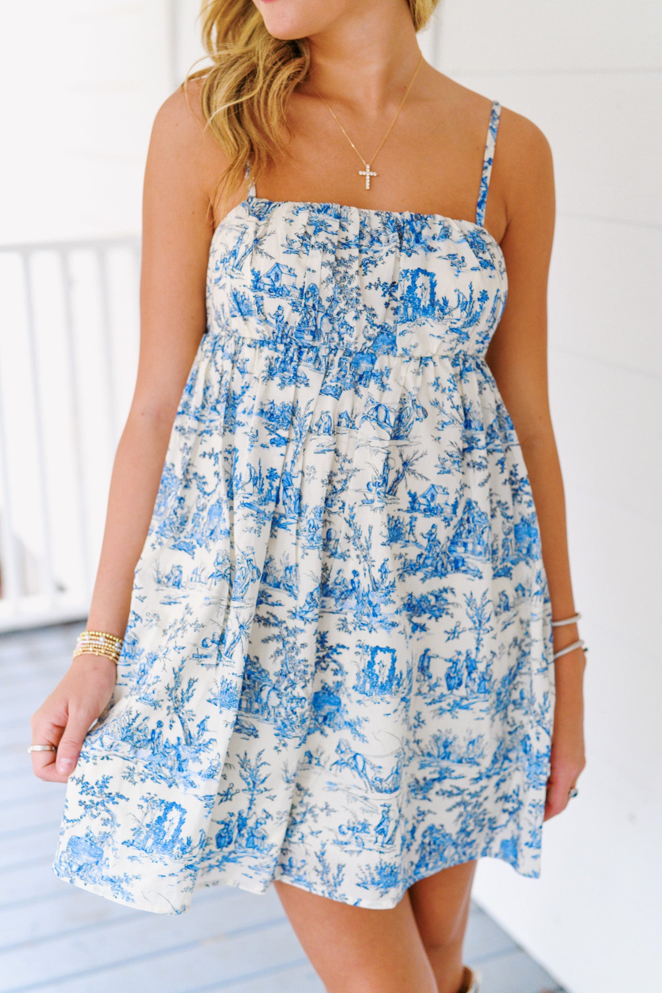 Olivia Toile Printed Dress - Cream/Blue