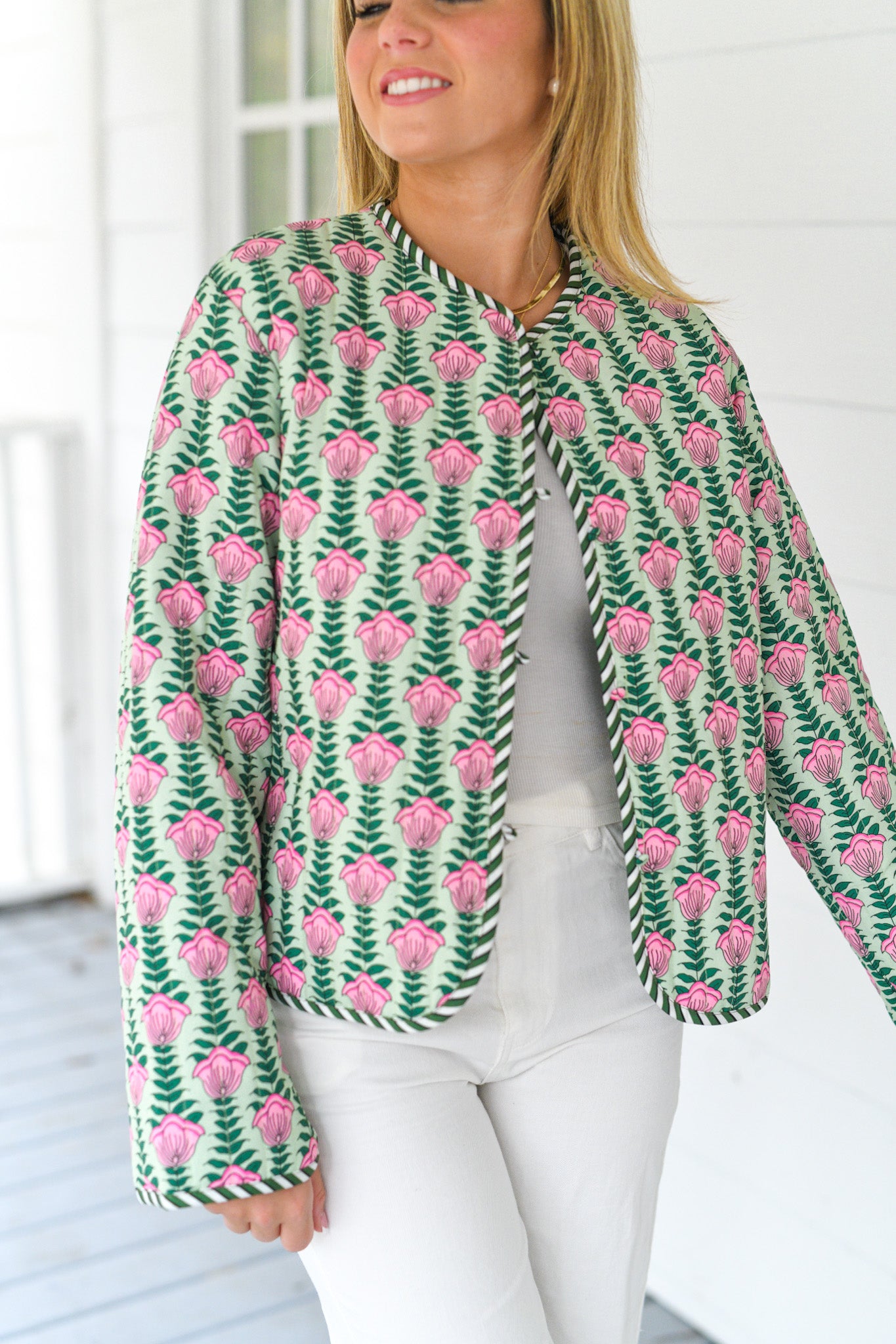 Jolene Floral Quilted Jacket - Green/Pink