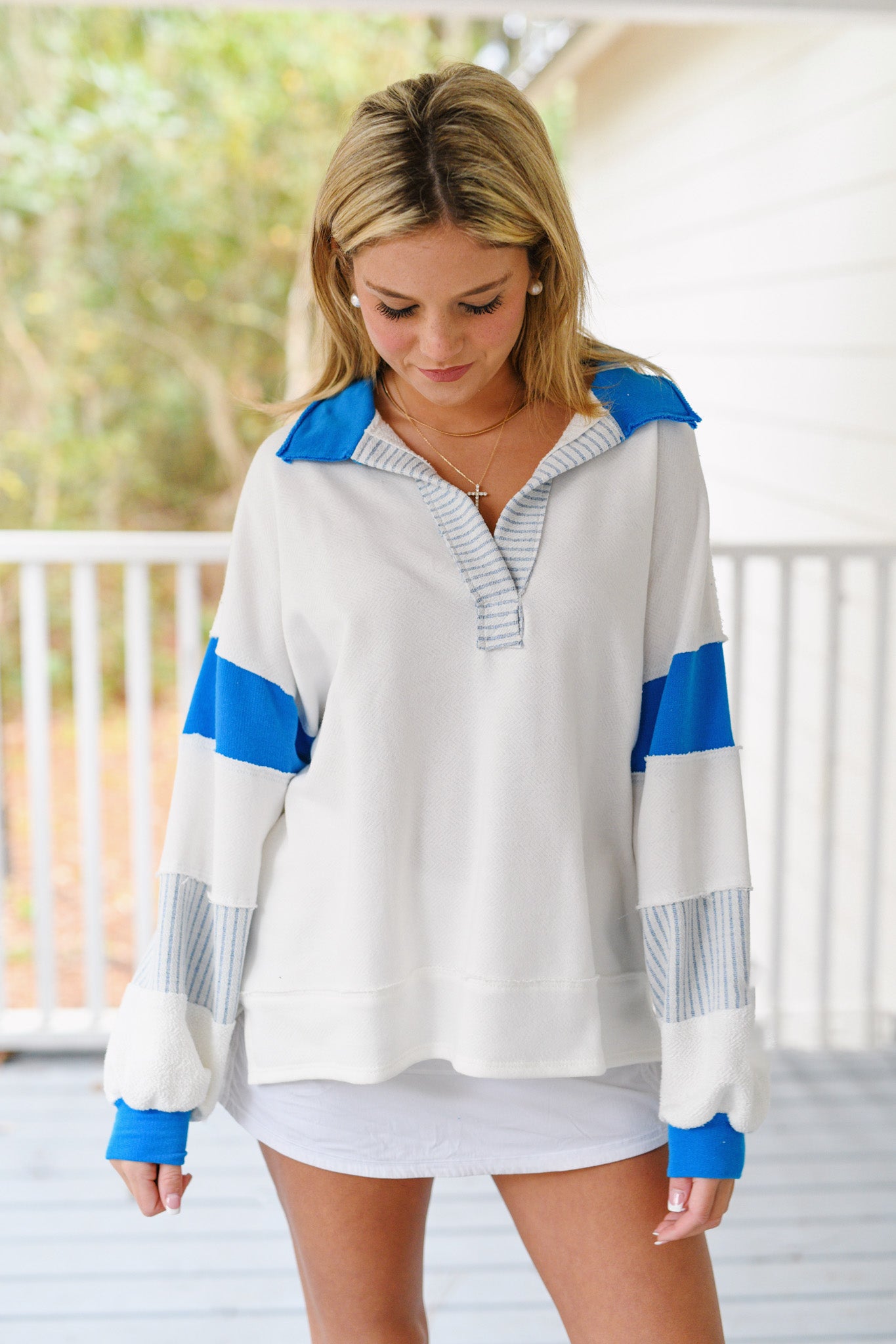 Gracelynn French Terry Knit Tunic Top - Ivory/Blue