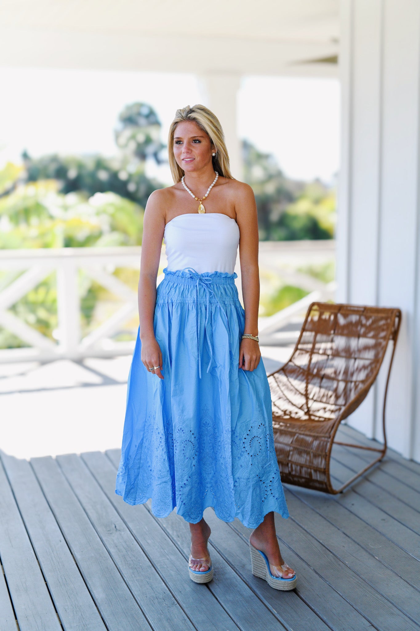 Aimee Eyelet Scallop Hem Midi Skirt - Light Blue