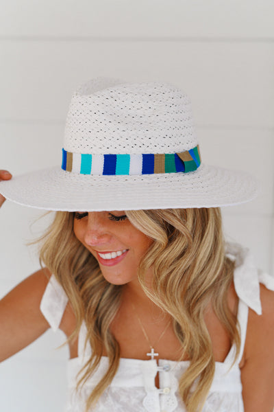 Multi Color Stripe Band Straw Hat - White