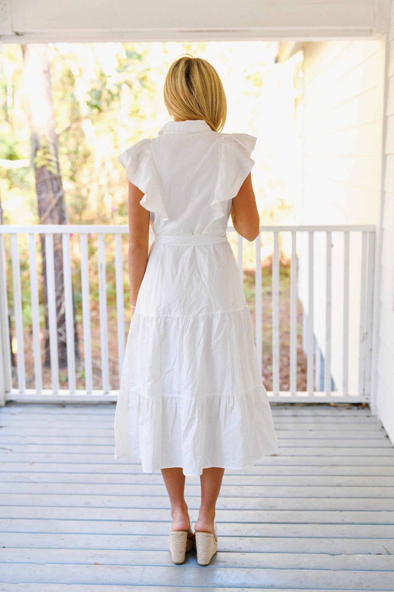 Jessica Ruffle Button-down Poplin Midi Dress - White