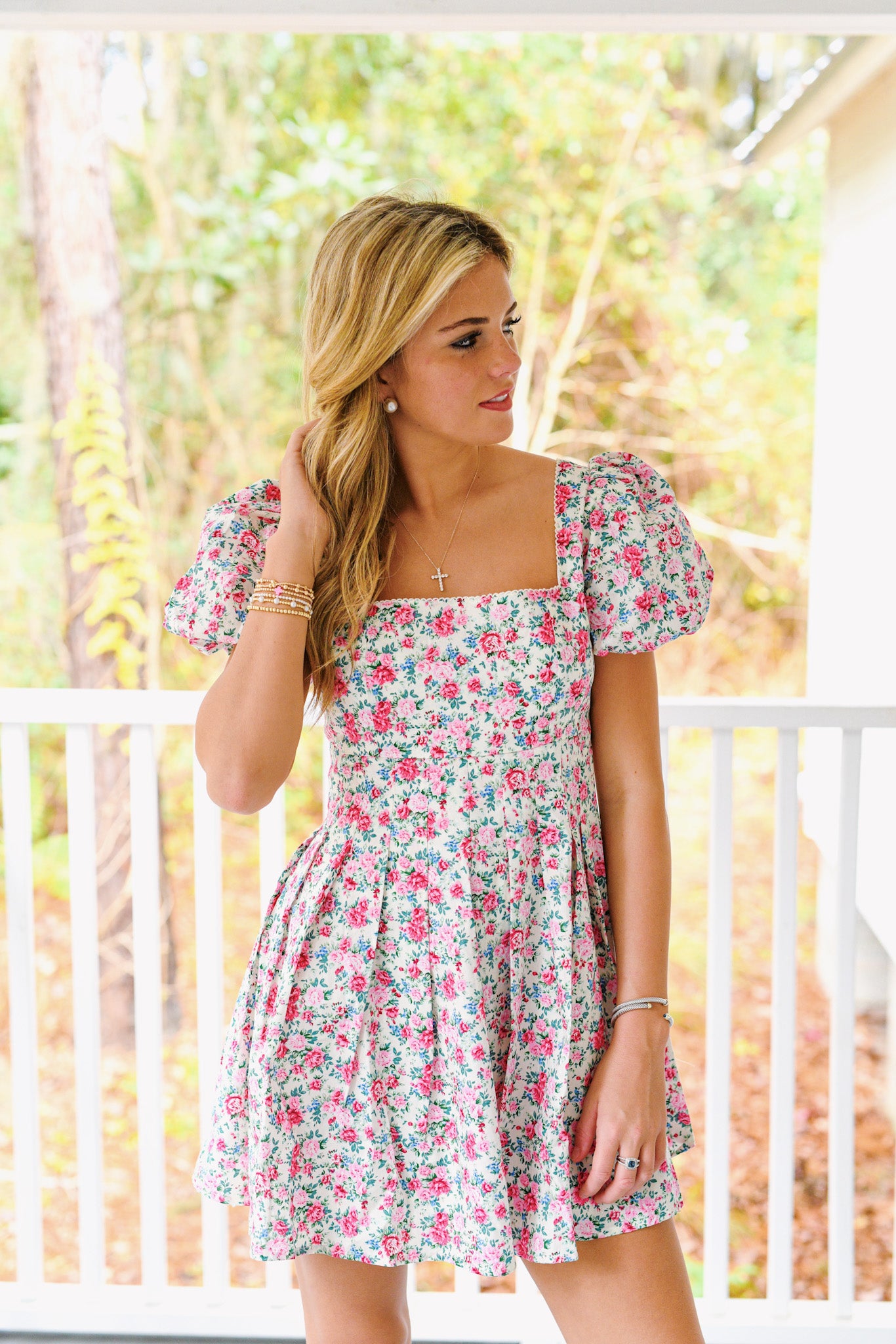 Madison Floral Puff Sleeve Square Neck Mini Dress - Off White