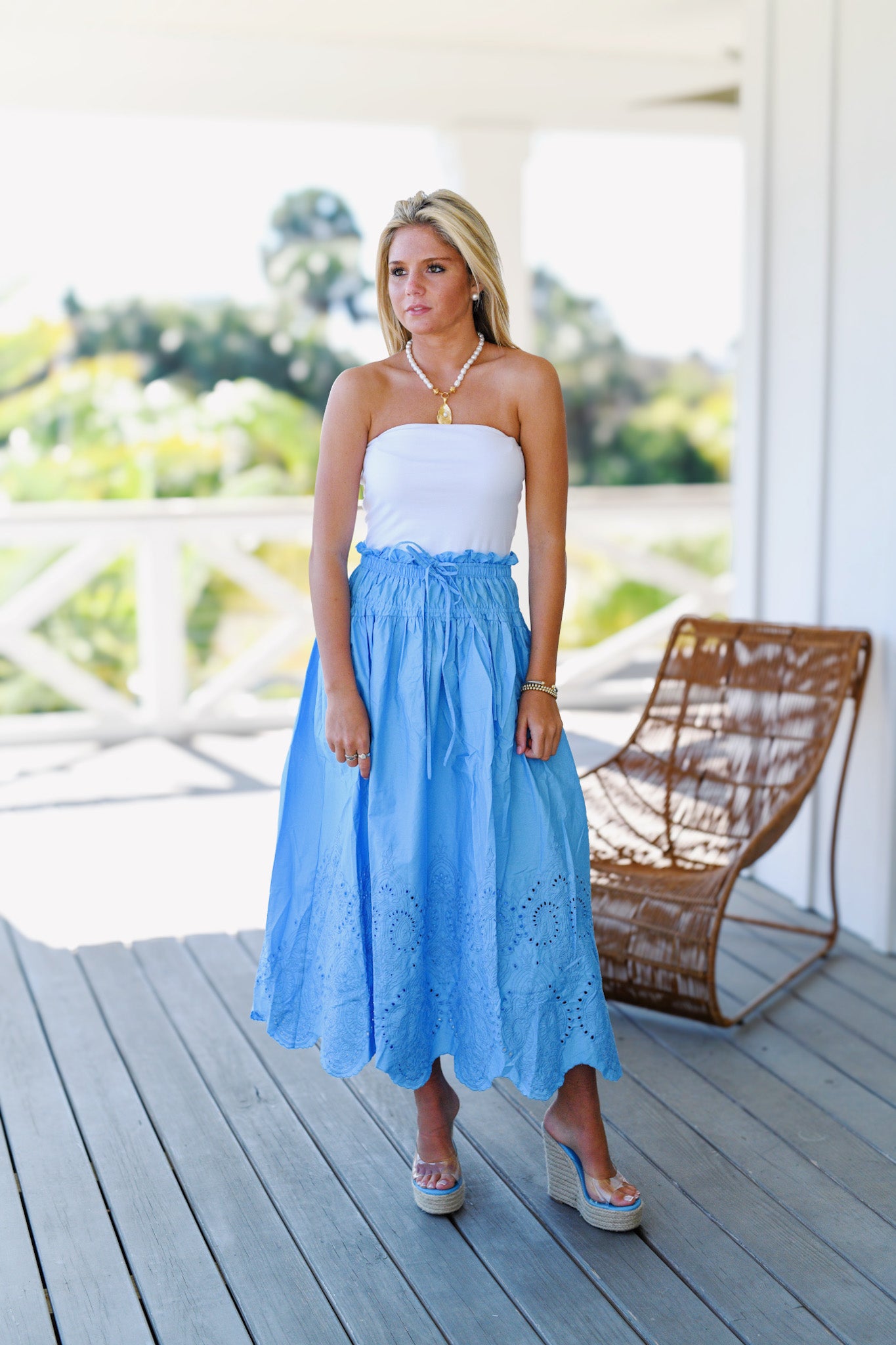 Aimee Eyelet Scallop Hem Midi Skirt - Light Blue