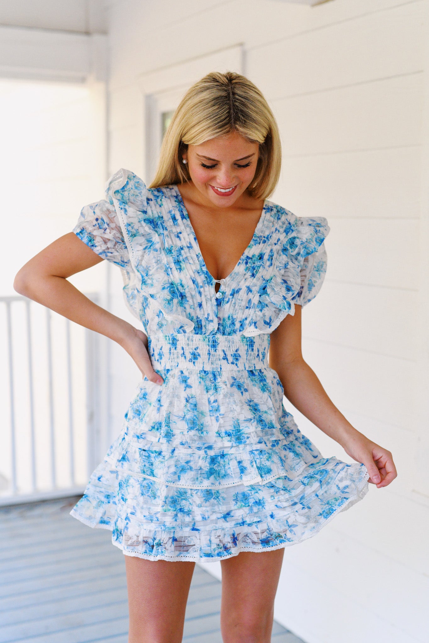 Olivia Floral Ruffle Mini Dress - Blue