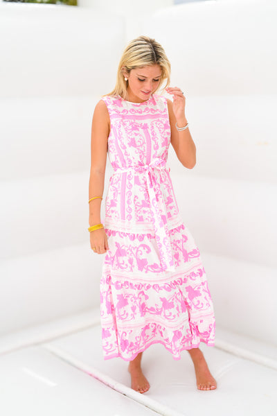 Jenna Print Belted Dress - Pink/White