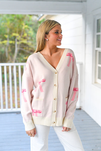 Abbe Bow Knit Cardigan - Pink