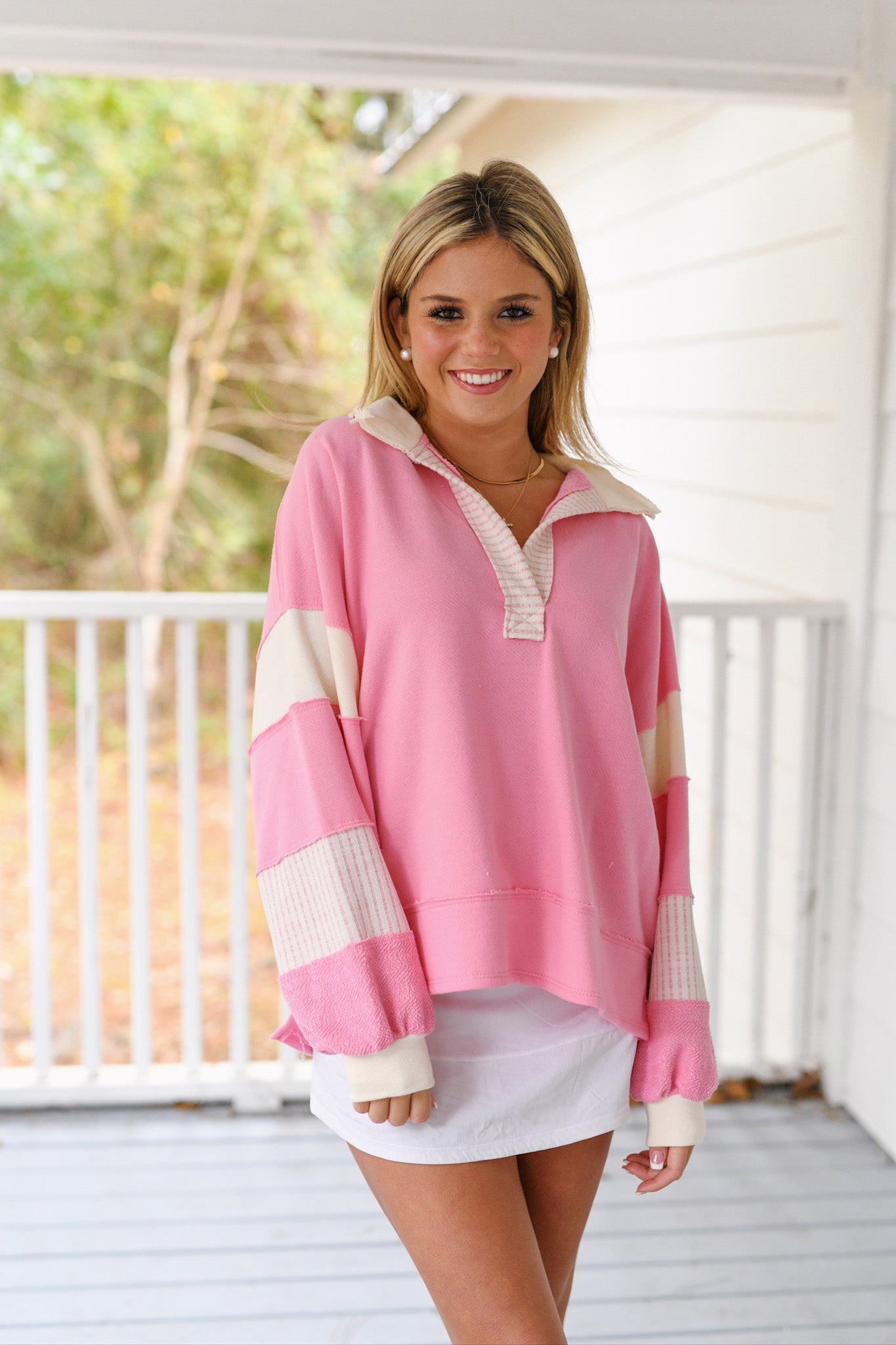 Gracelynn French Terry Knit Tunic Top - Pink/Cream