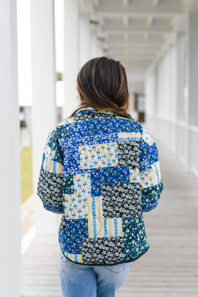 Rosy Patchwork Print Quilted Jacket - Blue
