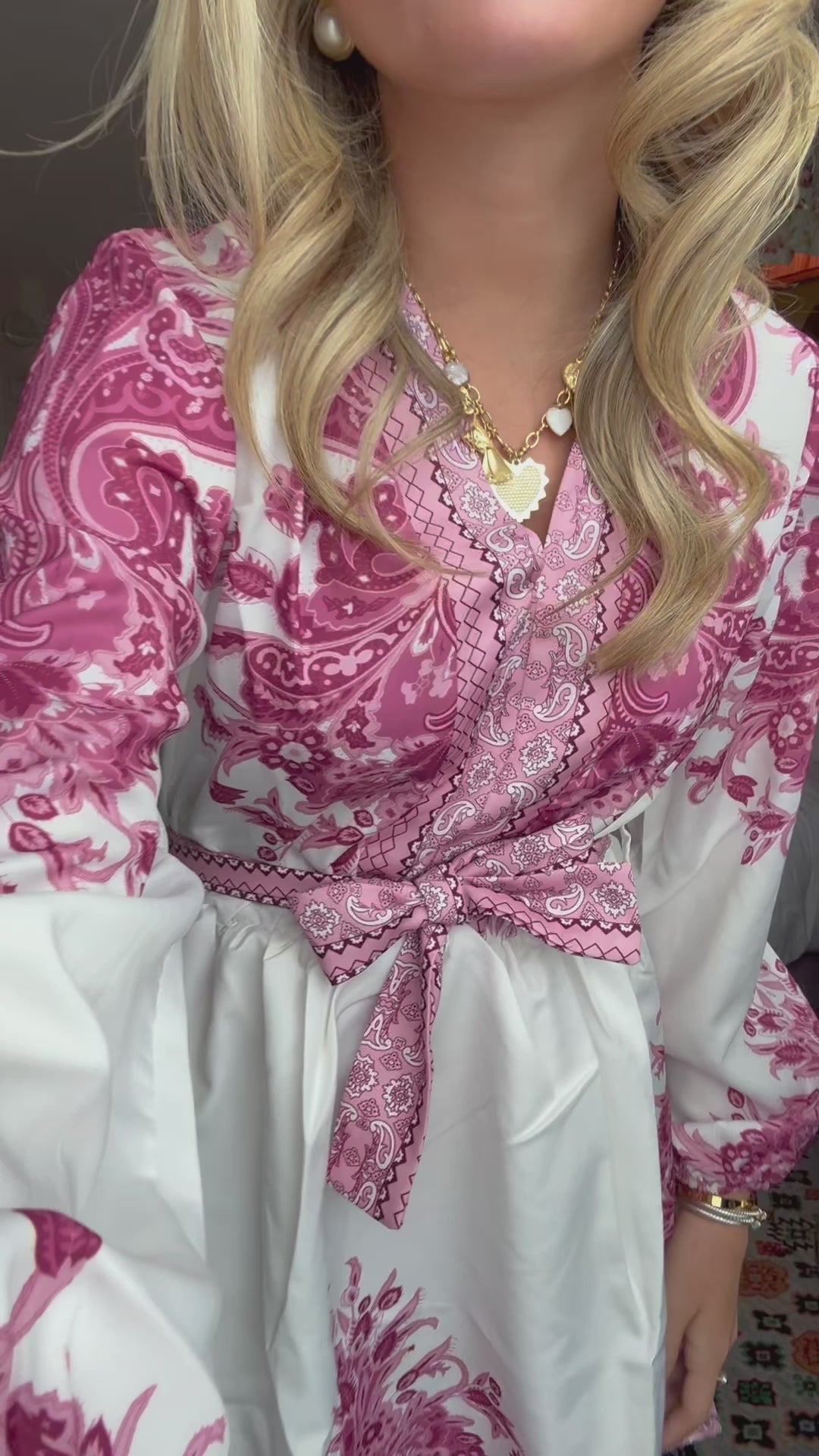 Susanne Print Long Sleeve Belted Dress - Pink