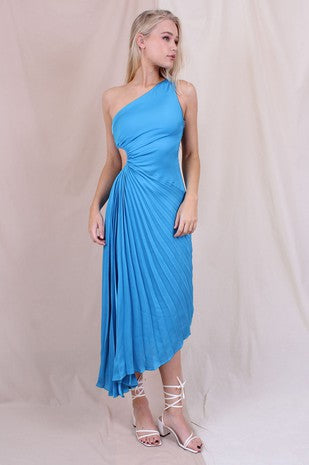 One Shoulder Pleated Dress - Vintage Blue