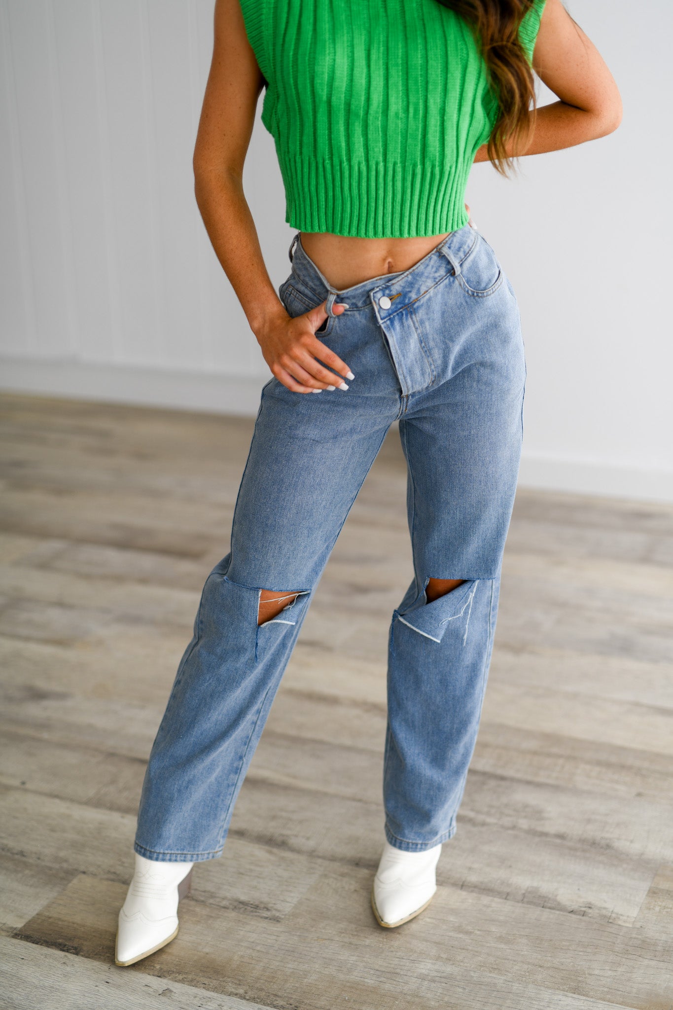 Asymmetrical Waist Cut Out Jeans