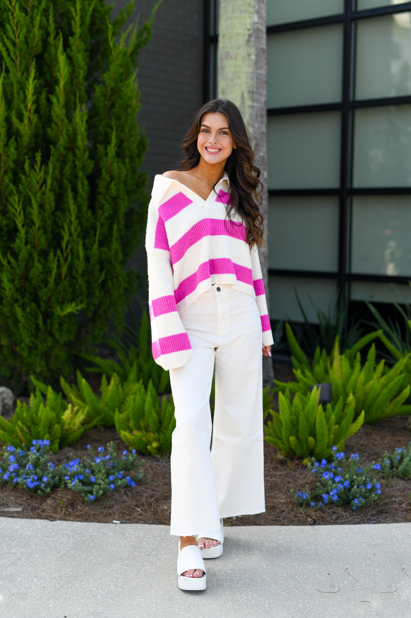Striped Drop Shoulder Collard Sweater - Ivory/Pink