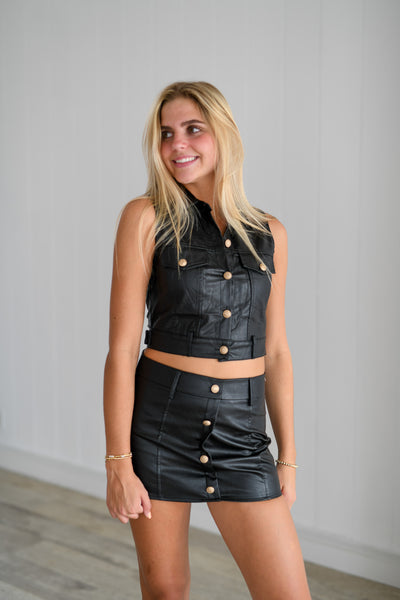 Emma Leather Button Up Top - Black
