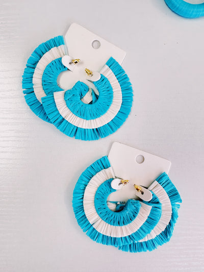 Two Tone Raffia Fan Earrings- Turquoise/Cream