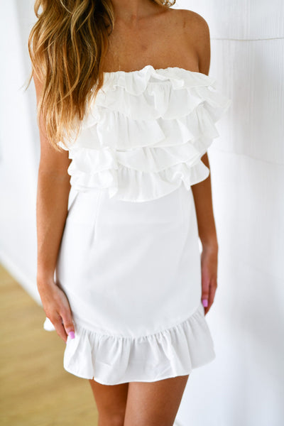 TIERED RUFFLE DETAILED OFF SHOULDER MINI DRESS-White