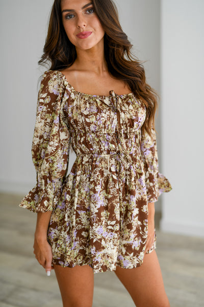 Autumn Long Sleeve Floral Romper - Brown