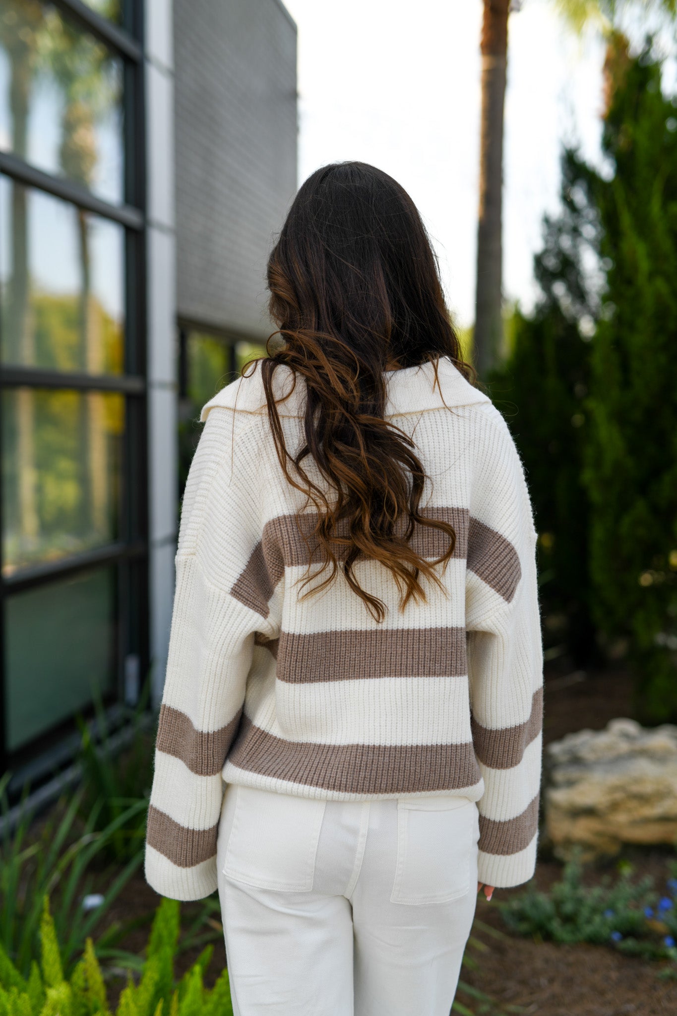 Striped Drop Shoulder Collard Sweater - Ivory/Taupe