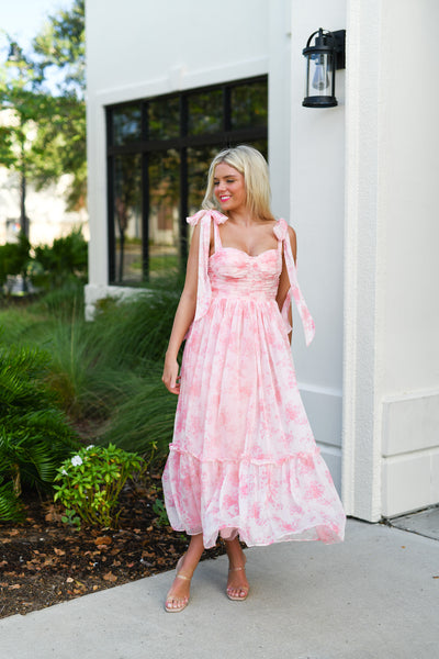 FLORAL BUST RUCHED MIDI DRESS WITH SHOULDER TIE - Pink