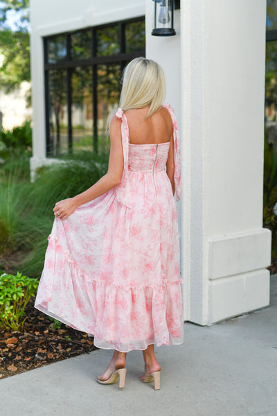 FLORAL BUST RUCHED MIDI DRESS WITH SHOULDER TIE - Pink