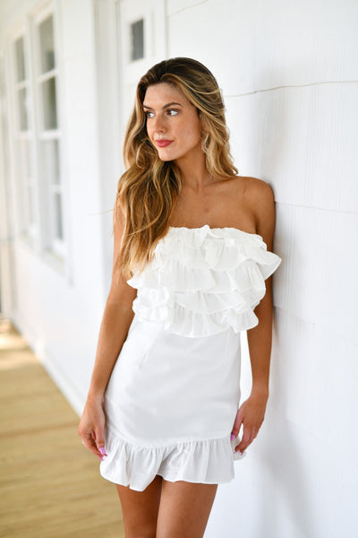 TIERED RUFFLE DETAILED OFF SHOULDER MINI DRESS-White
