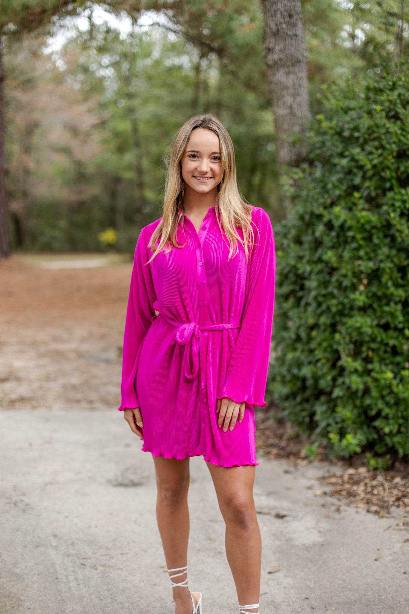 PLEATED BELTED BUTTON DOWN DRESS - MAGENTA