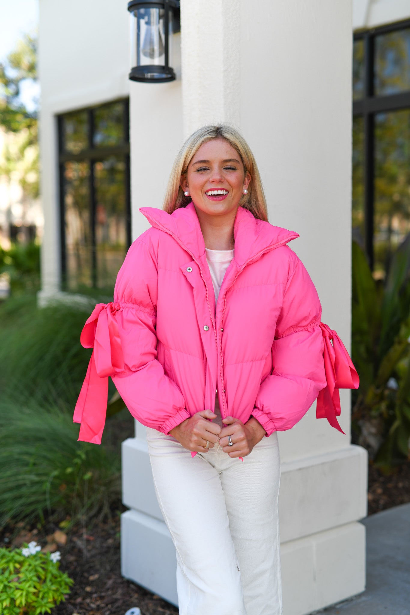 Satin Bow Puffer Jacket - Pink