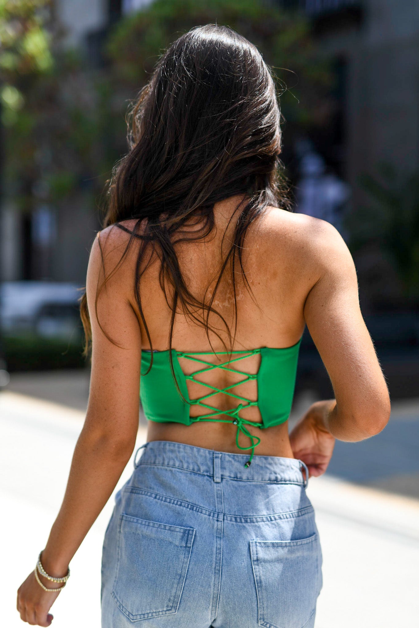 Solid Strap-Less Zigzag tied On back Crop Top - Kelly Green