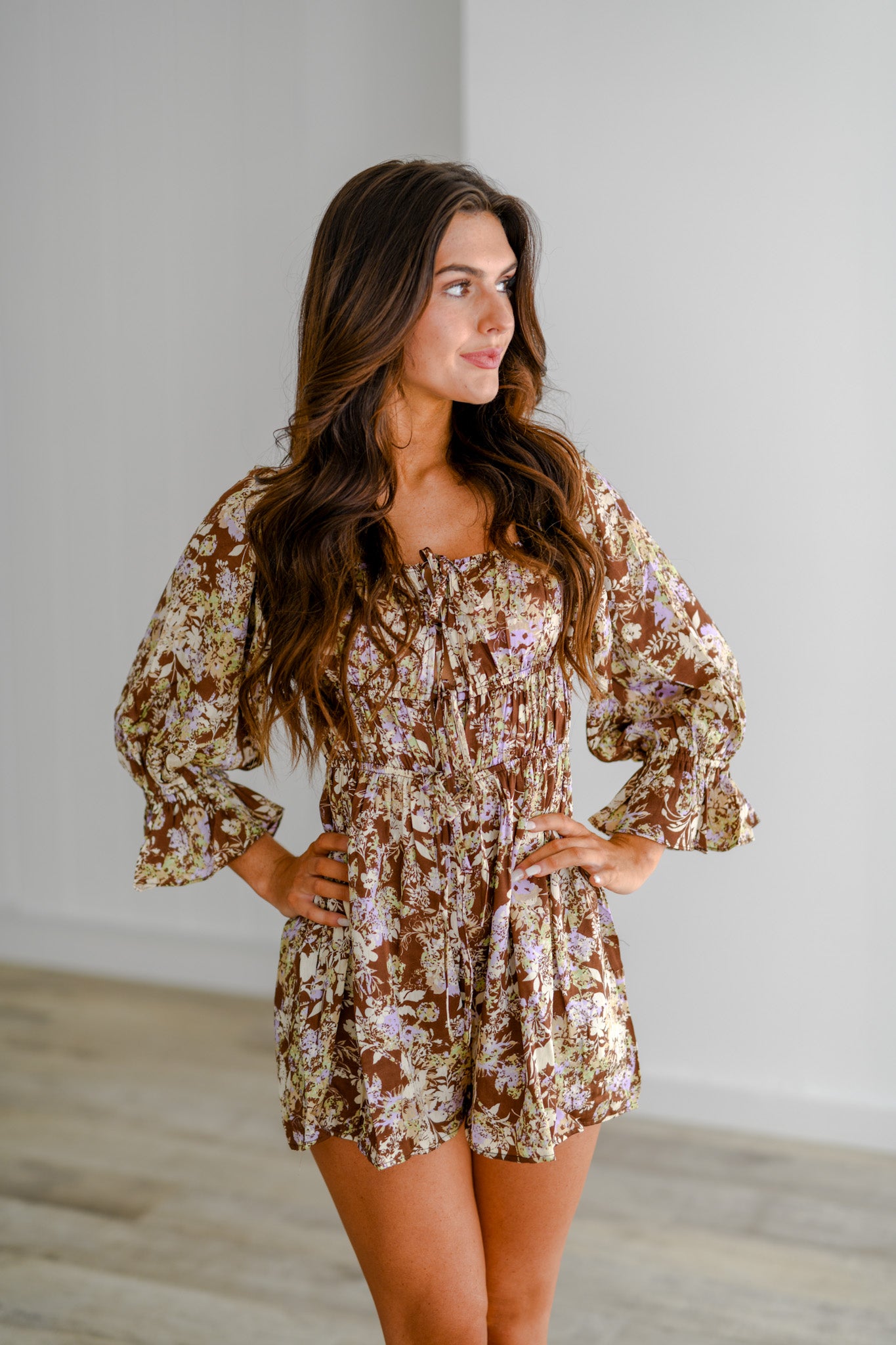 Autumn Long Sleeve Floral Romper - Brown