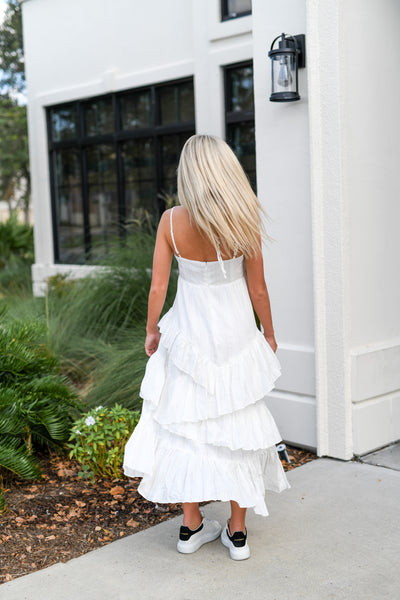 Asymmetrical Ruffle Halter Straps Midi Dress - White