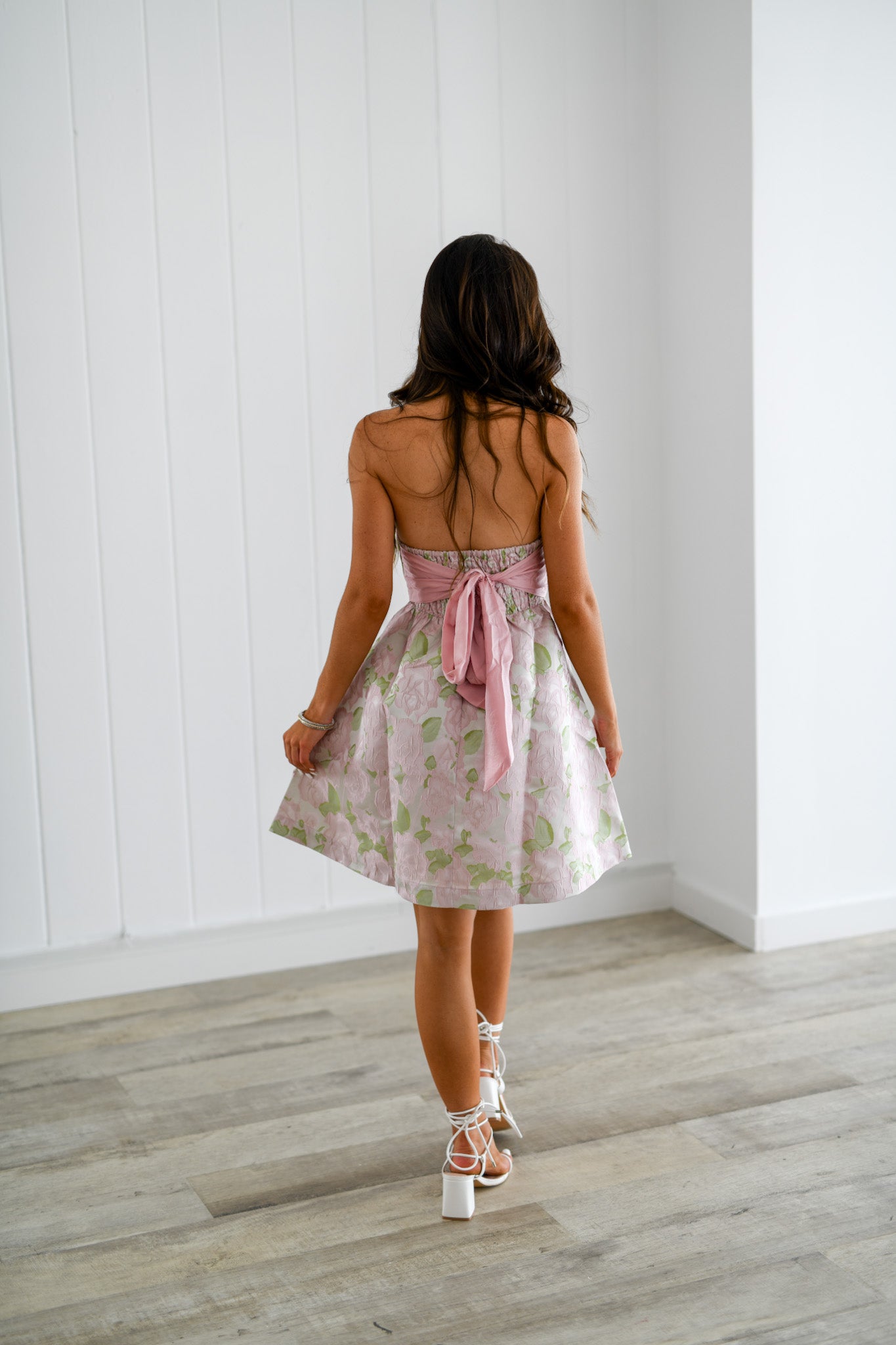 Textured Floral Strapless Flare Dress